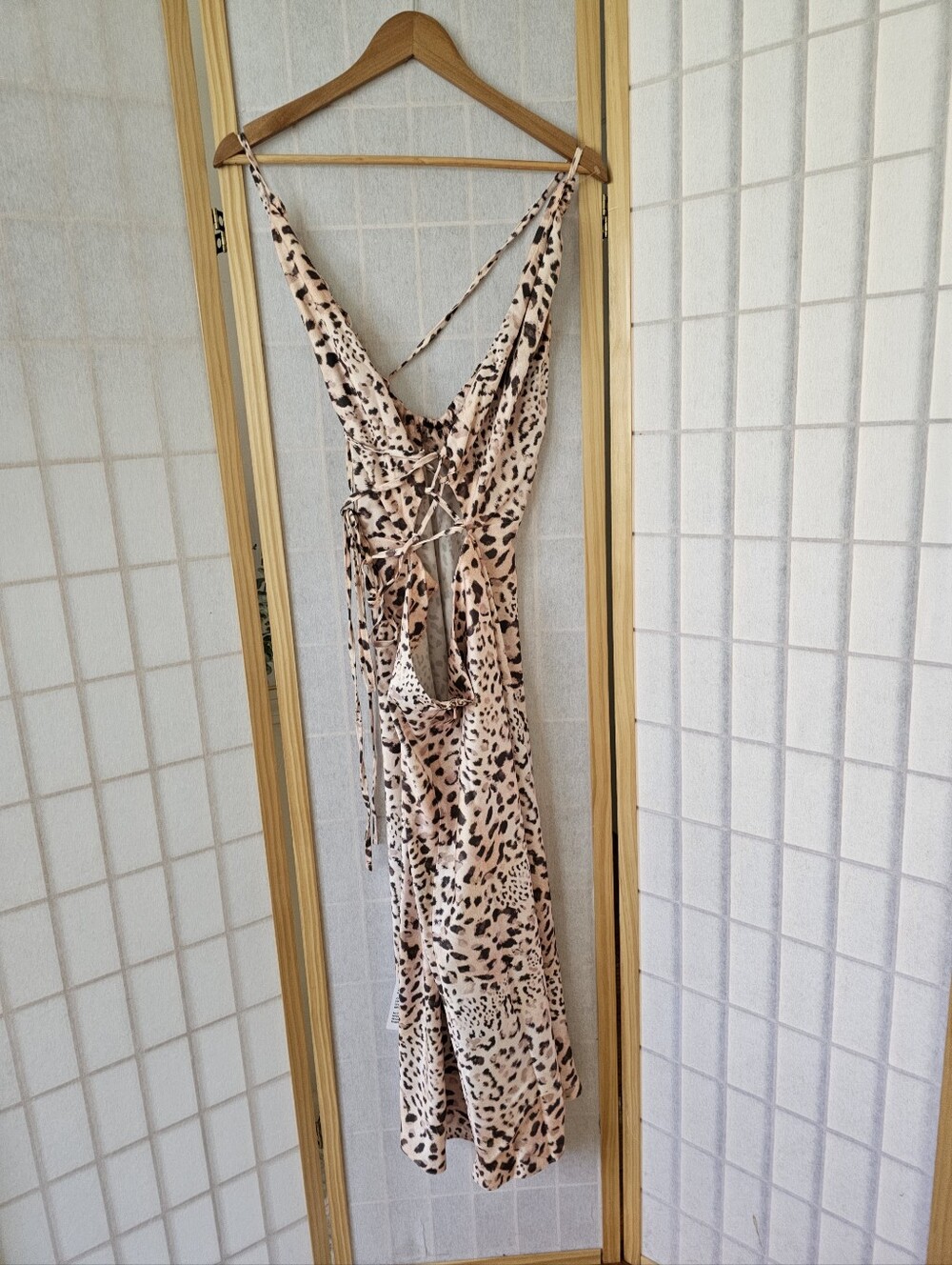 ASOS DESIGN cross font halter satin midi dress with tie back in leopard print - Picture 6 of 6